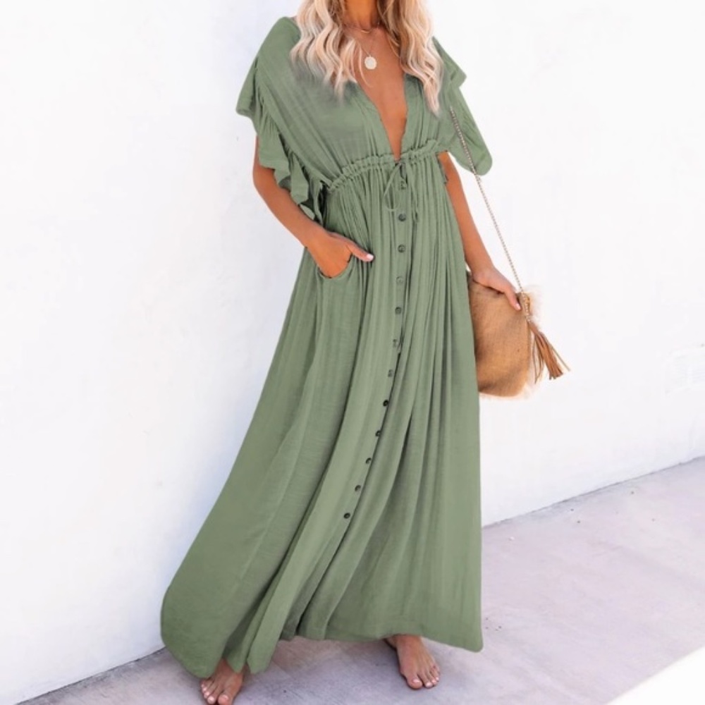 Sage Green Gauze Boho Button Maxi Dress